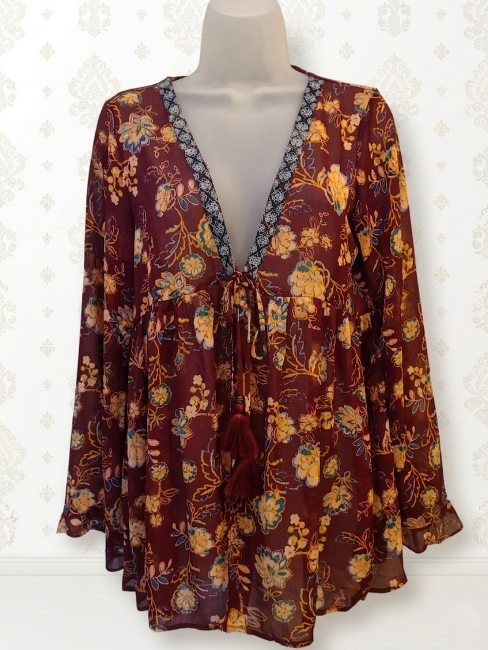 Xhilaration NWOT Burgundy Floral Sheer Babydoll Top Tassel Tie Boho L